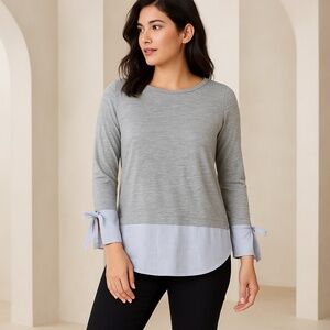 LOFT Outlet Mixed Media Tie-Cuff Long Sleeve Top XS Gray Pinstripe Hem